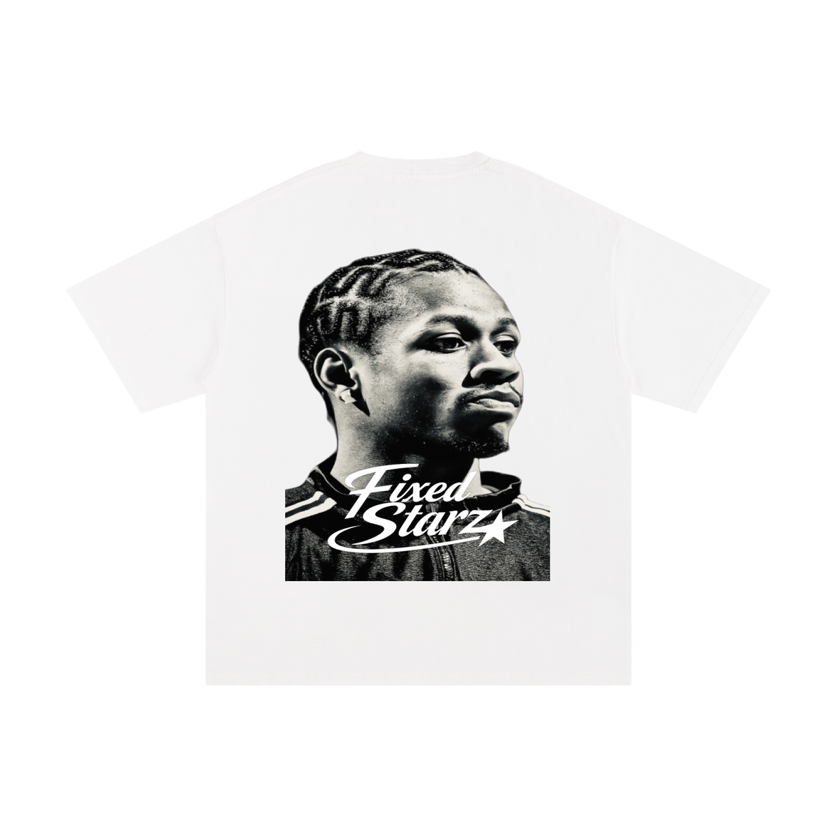 AI Tee: portrait print on the back of a white Fixed Starz tee